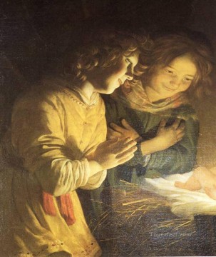 ジェラルド・ファン・ホンホルスト Painting - 子供の礼拝 夜のキャンドルライト ジェラルド・ファン・ホンホルスト